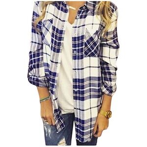 Derek Heart Blue Plaid Button Down Rolled Tab Sleeve Retro Chic Streetwear